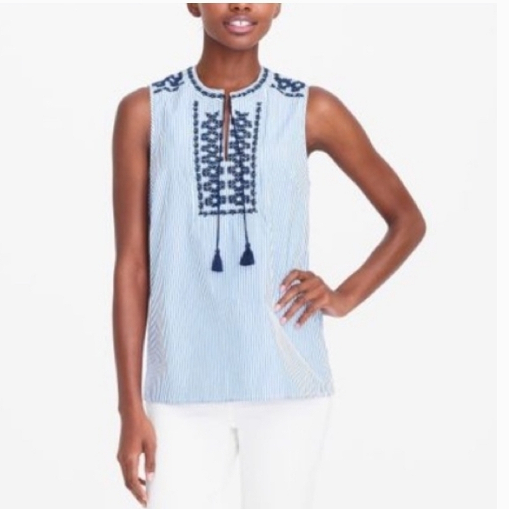 J.Crew Top Blue Striped Embroidered  Cottagecore Sleeveless Womens Cotton Sz 00